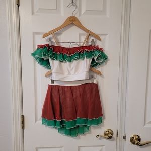 Red and Green Ruffle Off-the-Shoulder Top and Skirt with Briefs